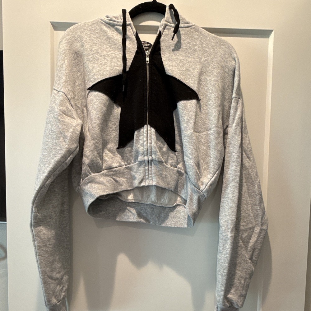 Social Collision Women's Gray/Black Colorblock Star Full Zip Hooded Hoodie S/M